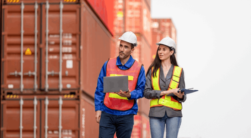 Engineers Inspecting Shipping Containers At Port Terminal